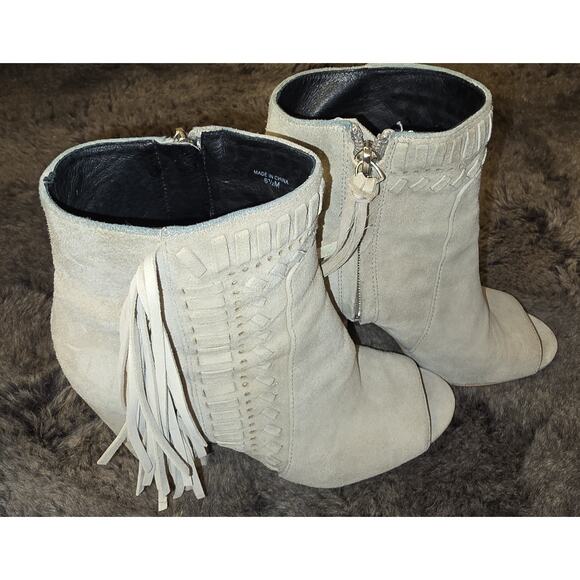 Rebecca Minkoff Iris suede Fringe Peep Toe Heeled Ankle Bootie 6.5 - Picture 2 of 6
